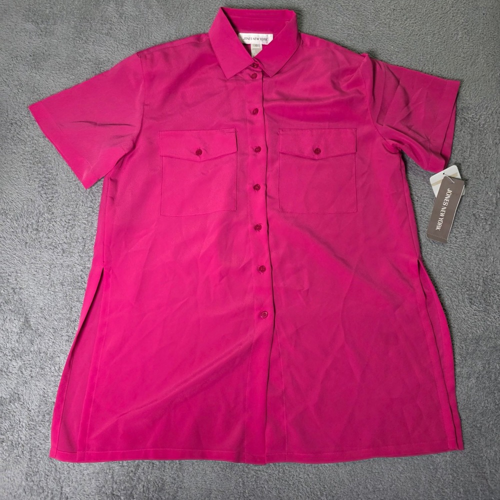 Jones New York Womens 10 Short Sleeve Blouse Raspberry Pink Utility Button Down